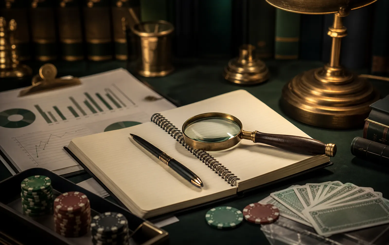 Mesa editorial com cartas, fichas e análise de jogos