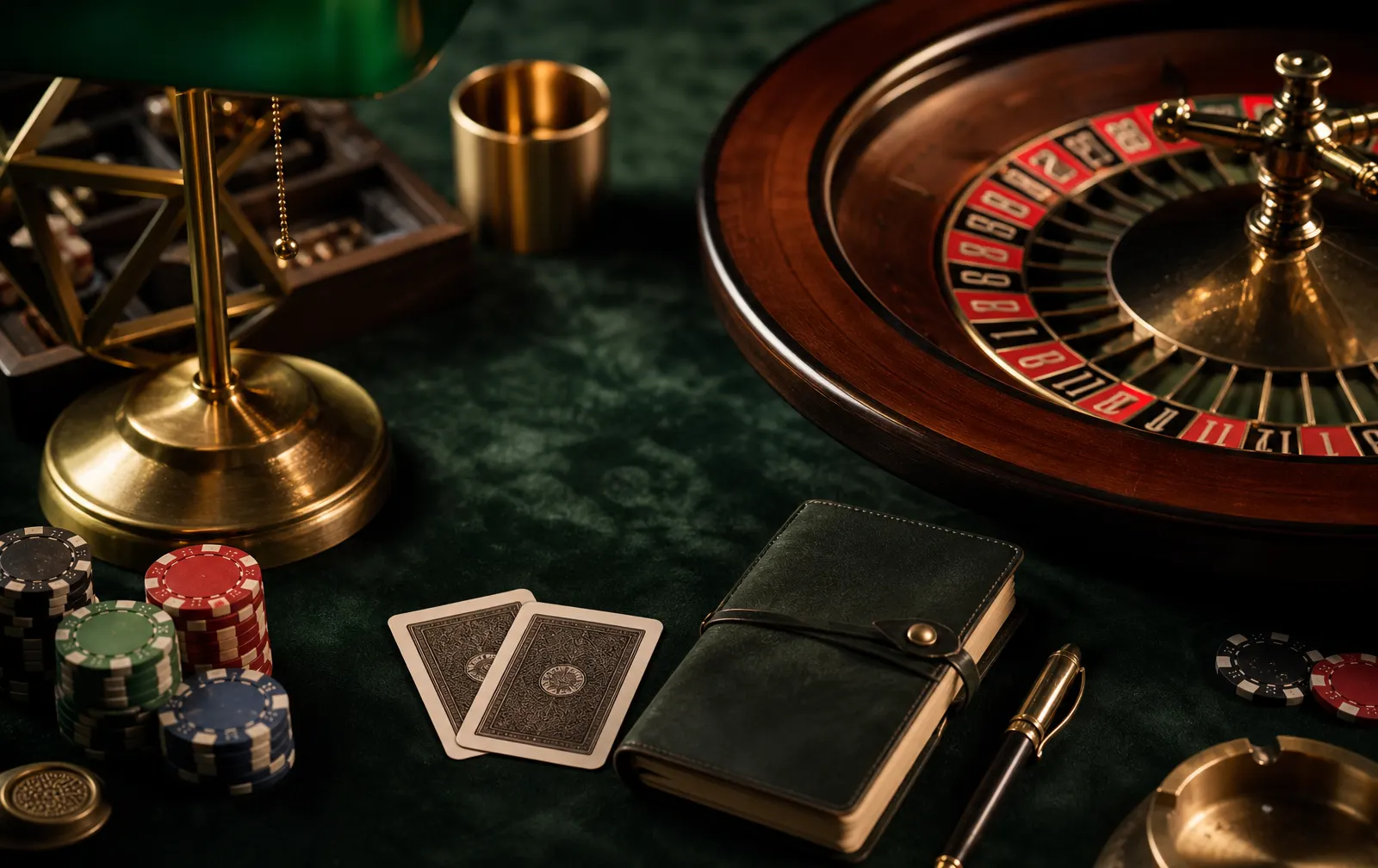 Mesa de jogos com cartas, roleta e fichas em estilo editorial